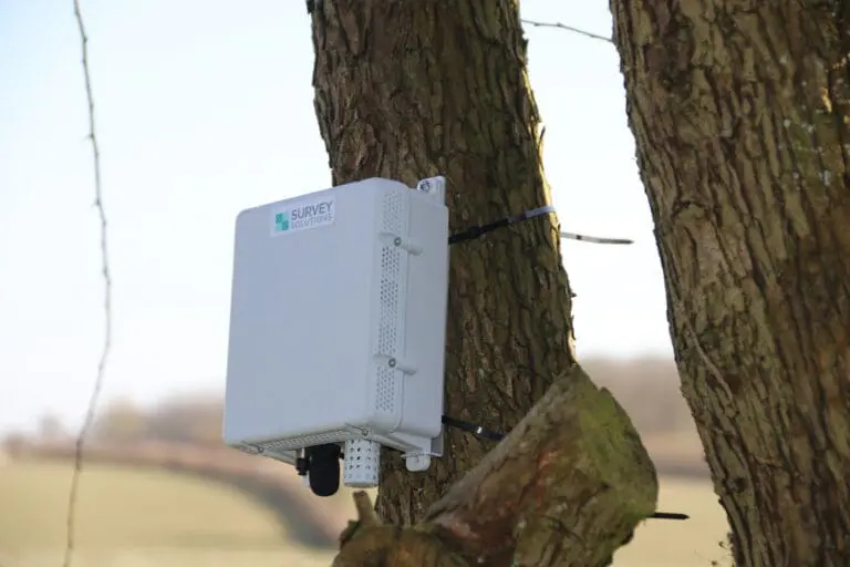 Environmental monitoring unit fixed to a tree beside a site