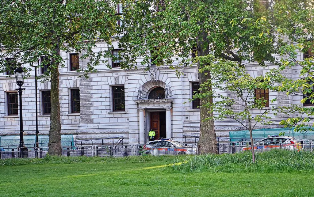 The HM Treasury building at 1 Horse Guards Road seen from St James’s Park