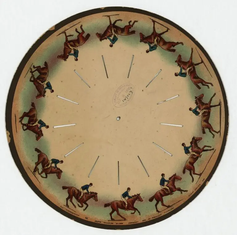 Muybridge zoopraxiscope disc with a galloping horse painted round the edge